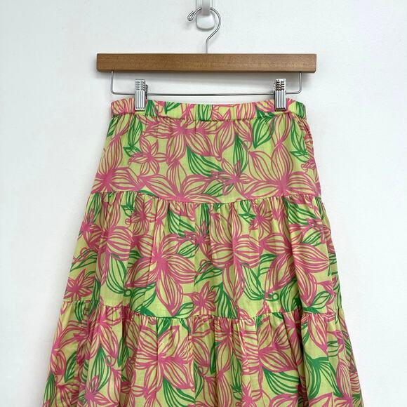 Lilly Pulitzer White Label Tiered Cotton Tropical Floral Pull-On Midi Skirt XS - Picture 3 of 11